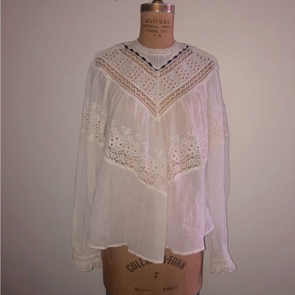 Free people] Cream Crochet lace ribbon Victorian style Oversized Blouse Top - Picture 5 of 14